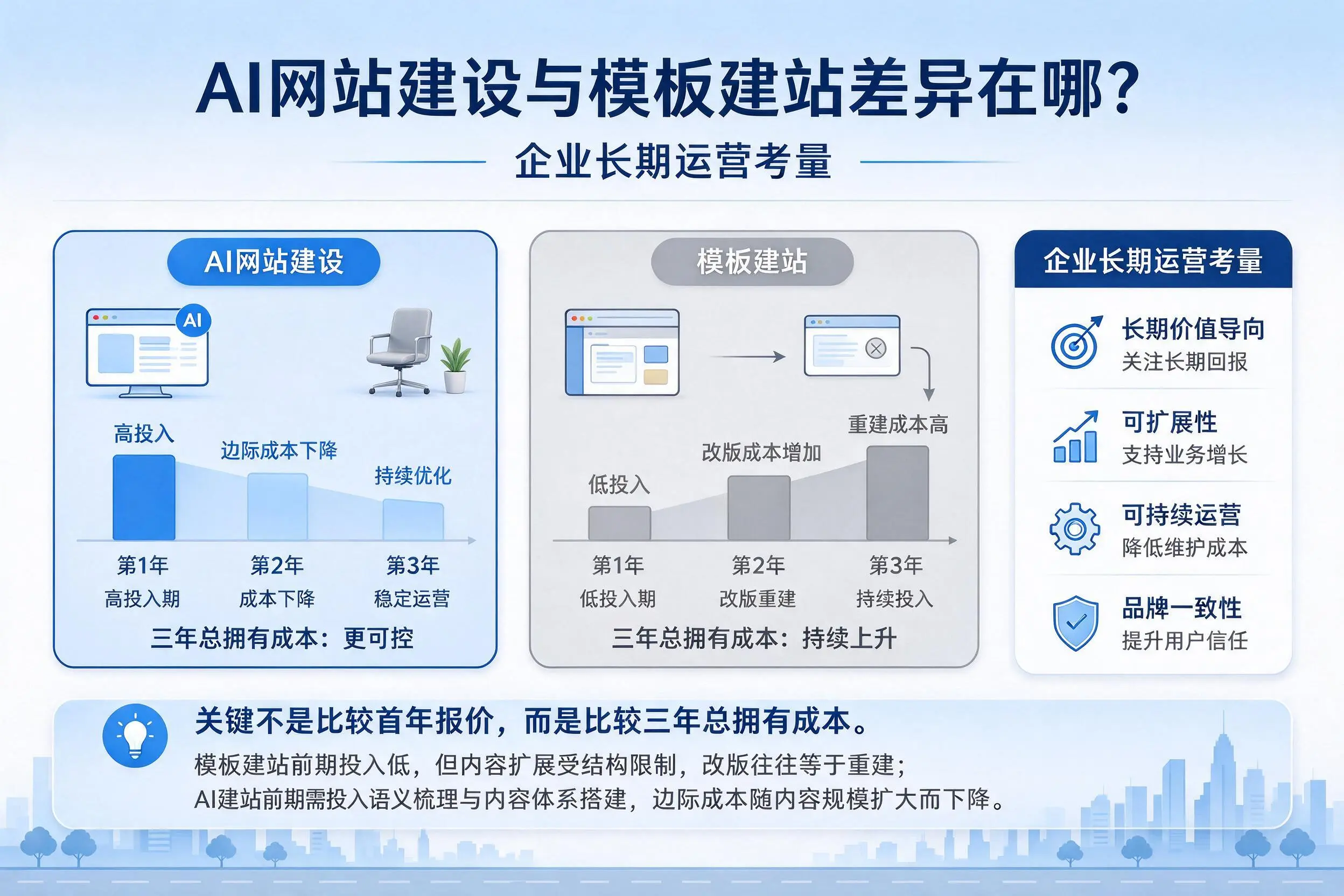 AI网站建设与模板建站差异在哪？白山企业长期运营考量
